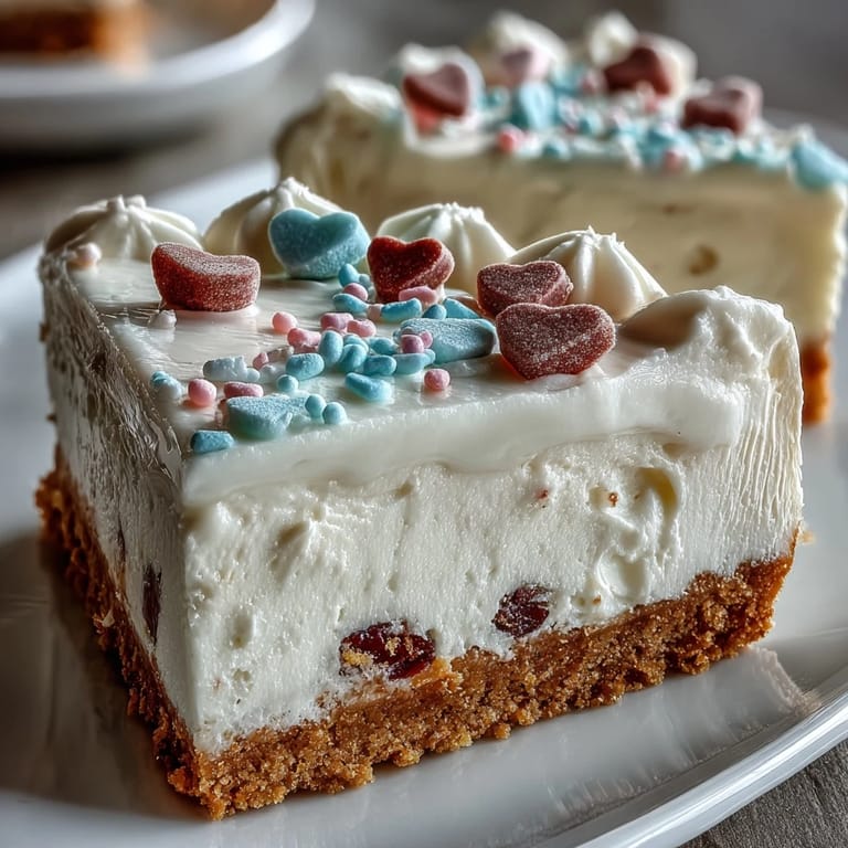 Chilled cheesecake with graham cracker crust and pastel candy hearts on a dessert plate.