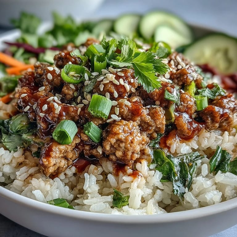 Warm Bang Bang Ground Turkey Rice Bowls garnished with fresh cilantro, scallions, and sesame seeds, served with lime wedges for a bright squeeze.