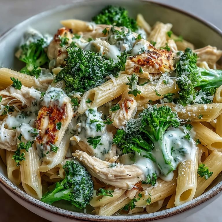 In a skillet, whole-wheat penne meets juicy rotisserie chicken and steamed broccoli florets tossed in garlic sauce.