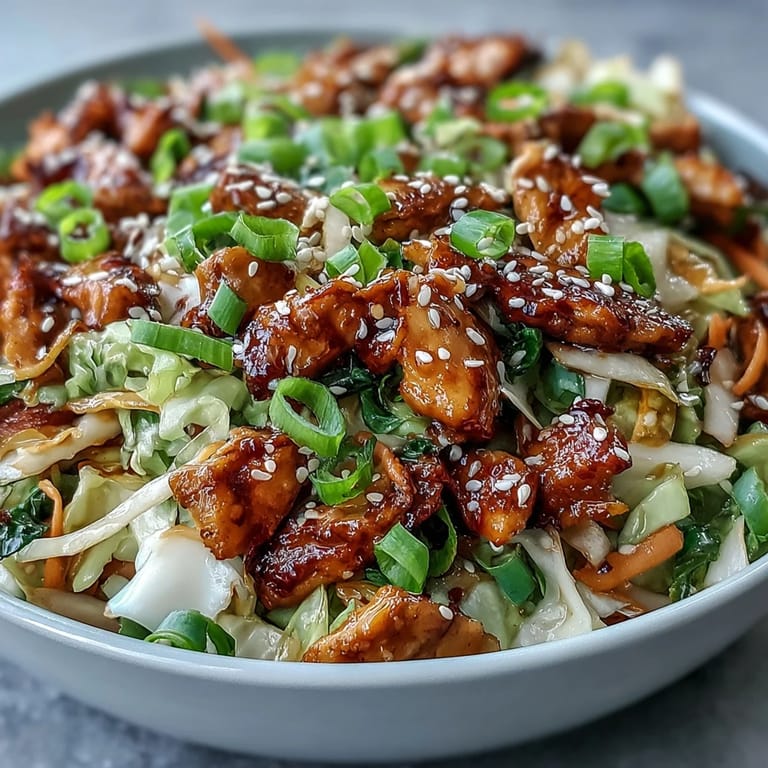 Plated Egg Roll Bowls with Chicken and Cabbage, topped with scallions, sesame seeds, and chili crisp.