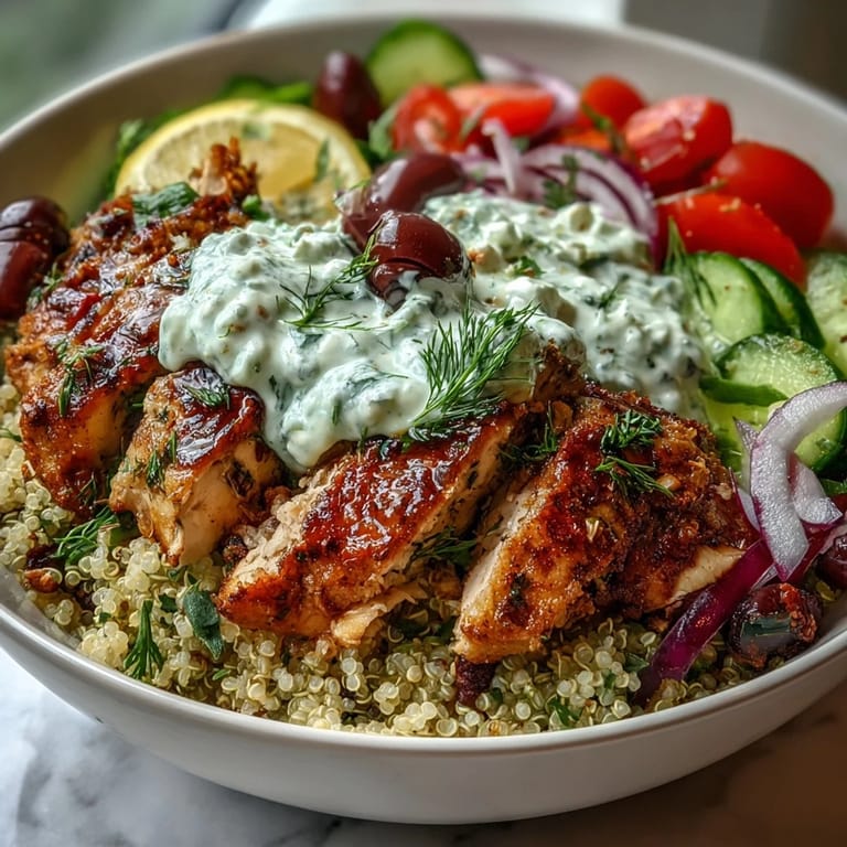 Greek Chicken Power Bowl served with cool tzatziki, fresh veggies, and lemon wedges for a vibrant lunch.