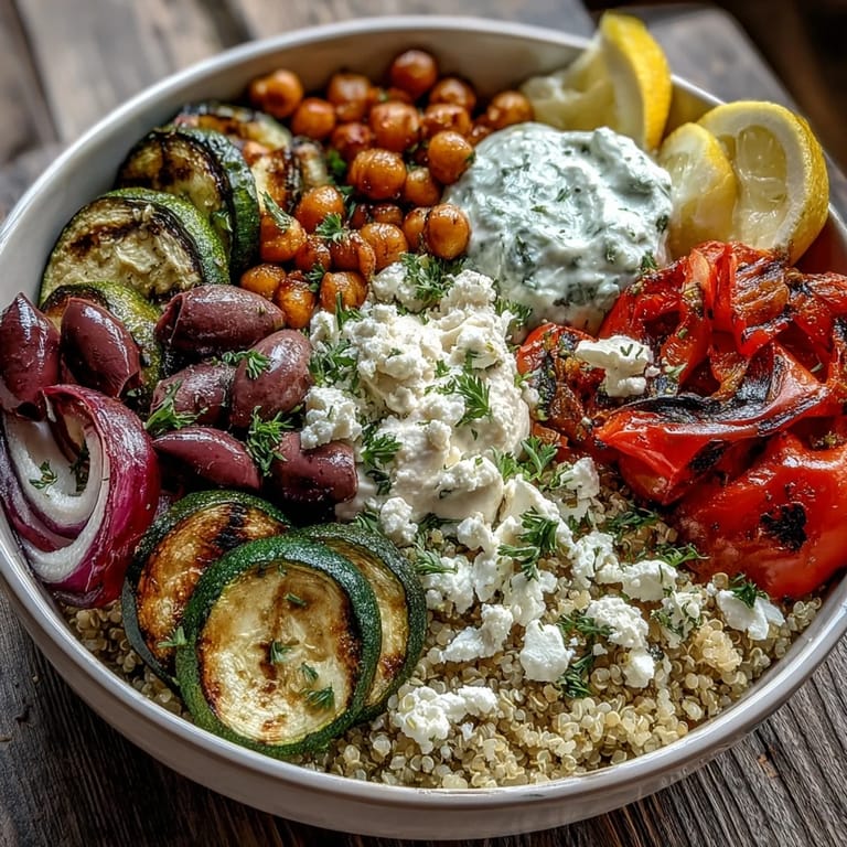 Mediterranean Buddha Bowl garnished with fresh parsley and Kalamata olives, served with lemon wedges for a tangy finish.