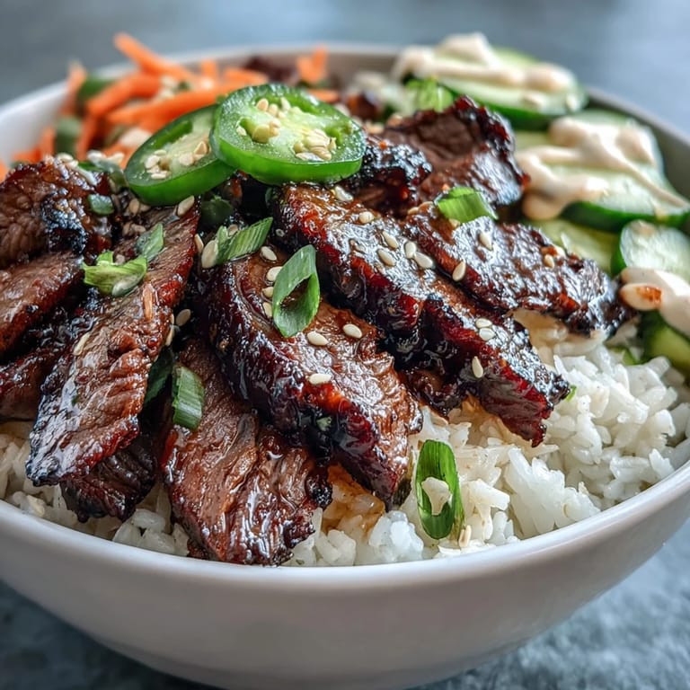Close-up of a colorful Korean Beef Power Bowl featuring tender marinated steak, sesame seeds, and tangy pickled vegetables over steamed rice.