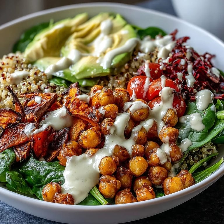 A close-up of a Buddha Bowl with Crispy Chickpeas, sliced avocado, cherry tomatoes, and shredded red cabbage drizzled with garlic tahini.