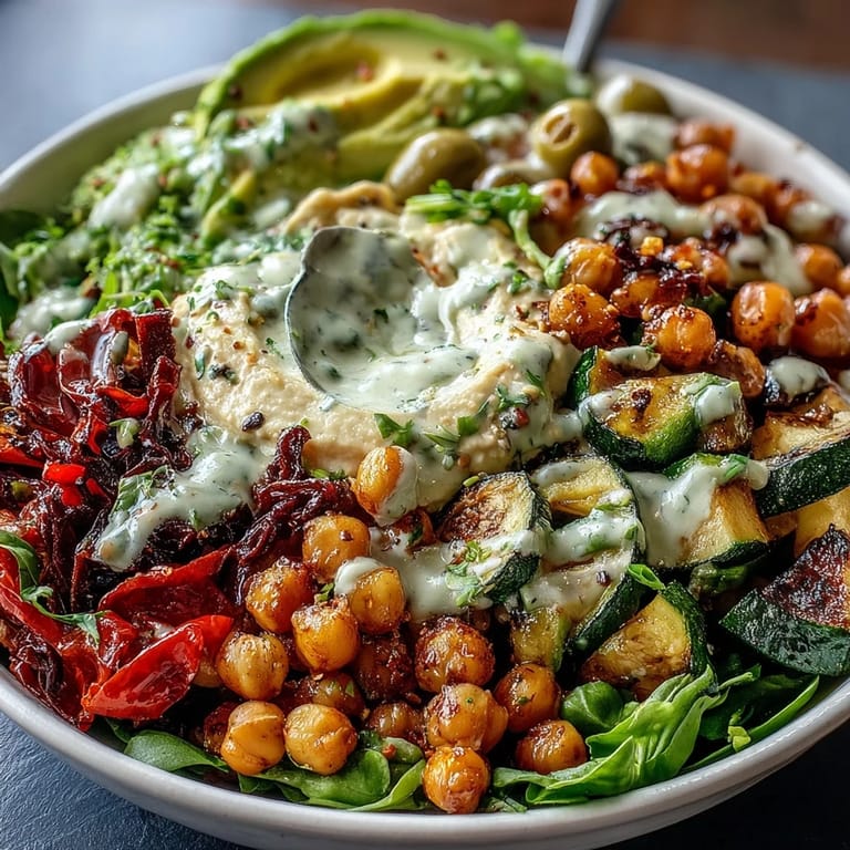 Assemble a colorful Vegan Mediterranean Buddha Bowl with zesty tahini dressing, hummus, and perfectly caramelized Mediterranean vegetables ready to serve.