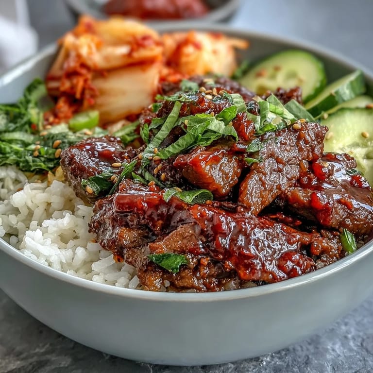 A deconstructed Korean Beef Bowl topped with pickled daikon, carrots, and sesame seeds next to a cold lager.