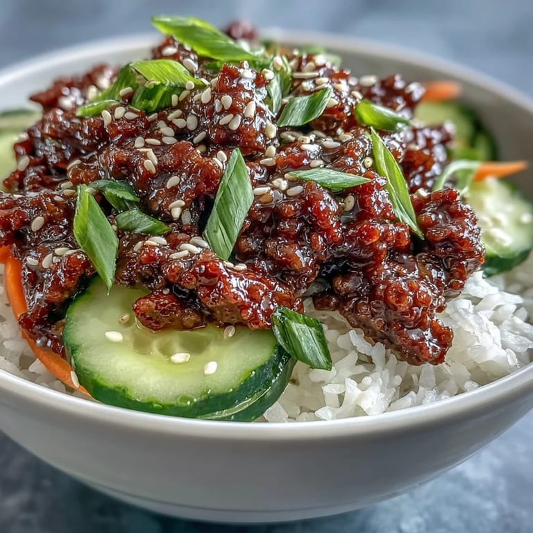 Hot ground beef coated in spicy gochujang sauce served over rice with crisp cucumber slices.