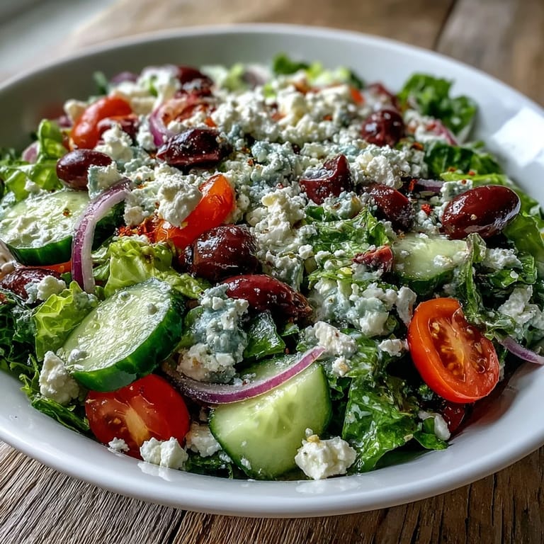 Colorful Greek Salad Bowl tossed with a zesty oregano vinaigrette, served fresh on a plate for a healthy Mediterranean meal.