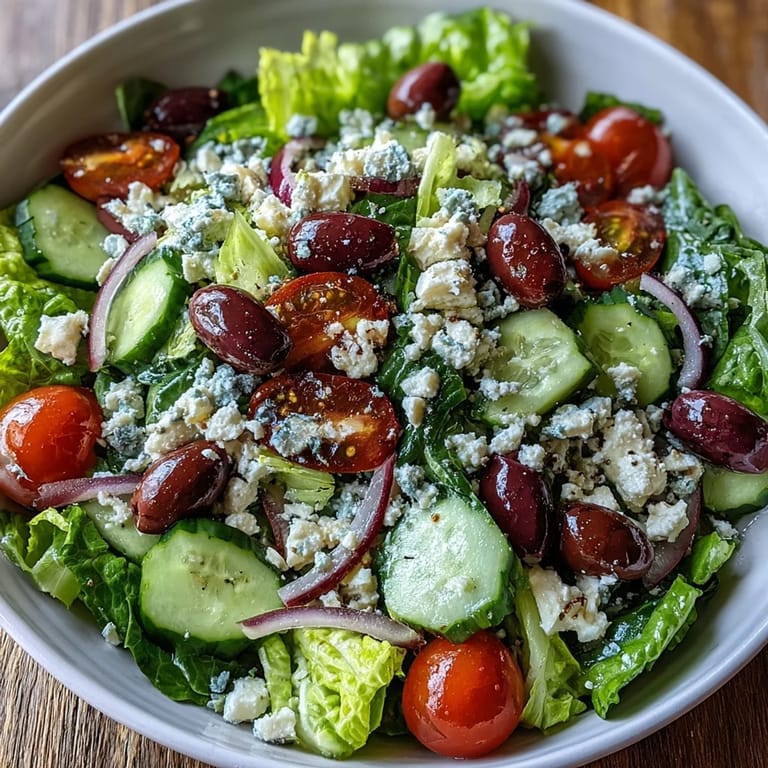 Hearty Greek Salad Bowl topped with crumbled feta and Kalamata olives, drizzled in homemade dressing, perfect with pita bread.