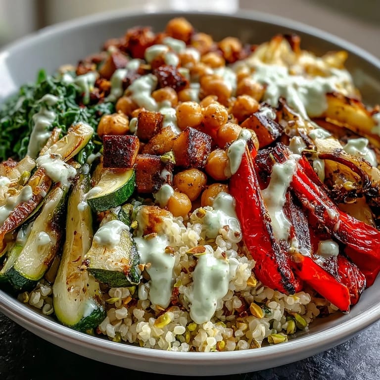 Colorful roasted vegetables and chickpeas over bulgur pilaf make this Mediterranean Buddha Bowl Meal Prep a vibrant choice.