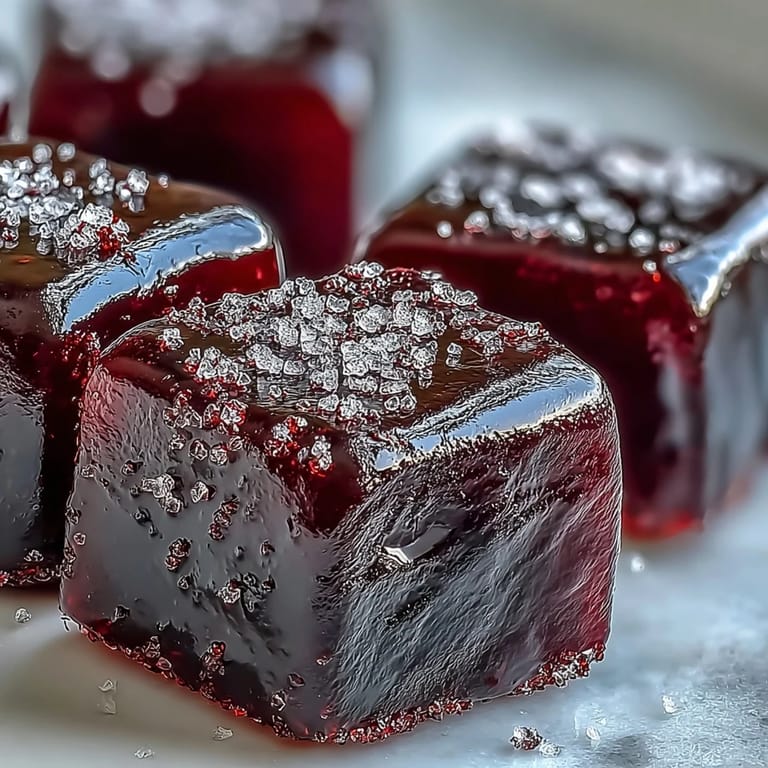 Assorted Black Currant Gummies arranged in a glass jar with fresh berries nearby.