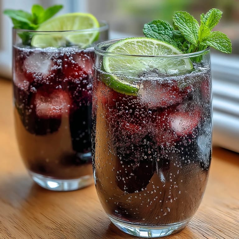 Close-up of a refreshing Black Currant Mocktail with purple hue, mint, and lime, perfect for non-alcoholic summer gatherings.