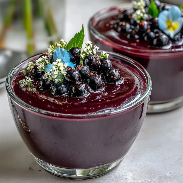 Silky Italian Black Currant Panna Cotta garnished with fresh berries and mint
