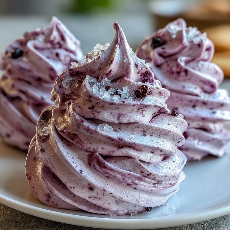 Frosted glass cups display airy Black Currant Meringues alongside fresh berries for a sweet treat.