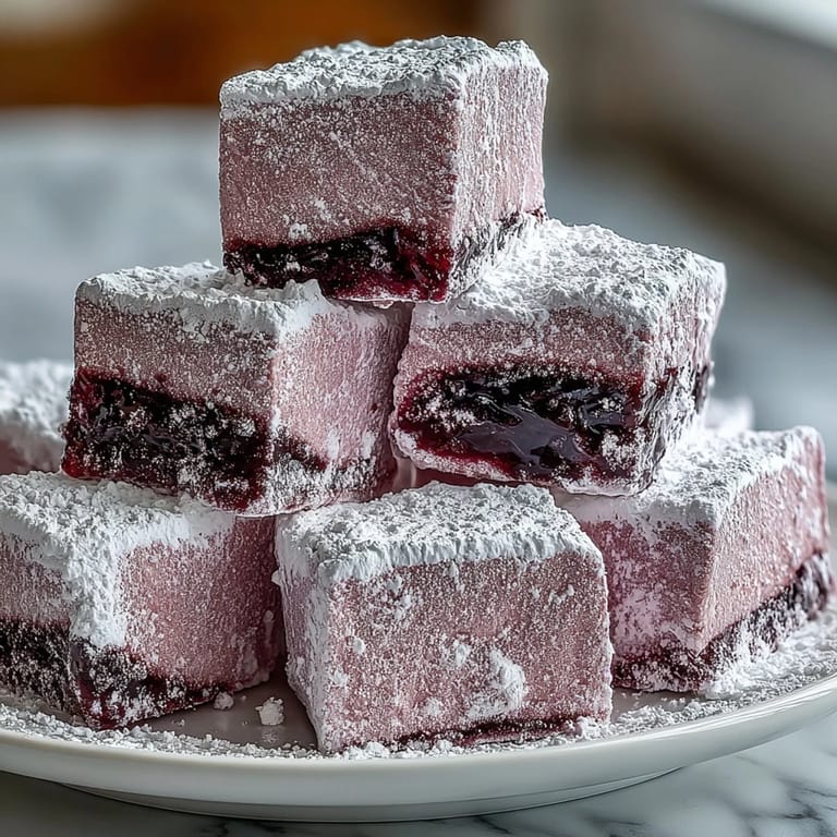 Squares of homemade Black Currant Marshmallows with a soft lavender hue on a wooden board.