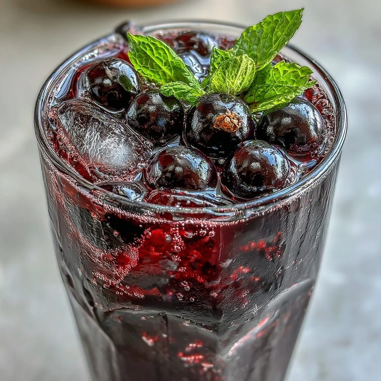 A tall glass of the Black Currant It Berry Celebration Drink, featuring crushed ice and vibrant purple berries swirling inside.