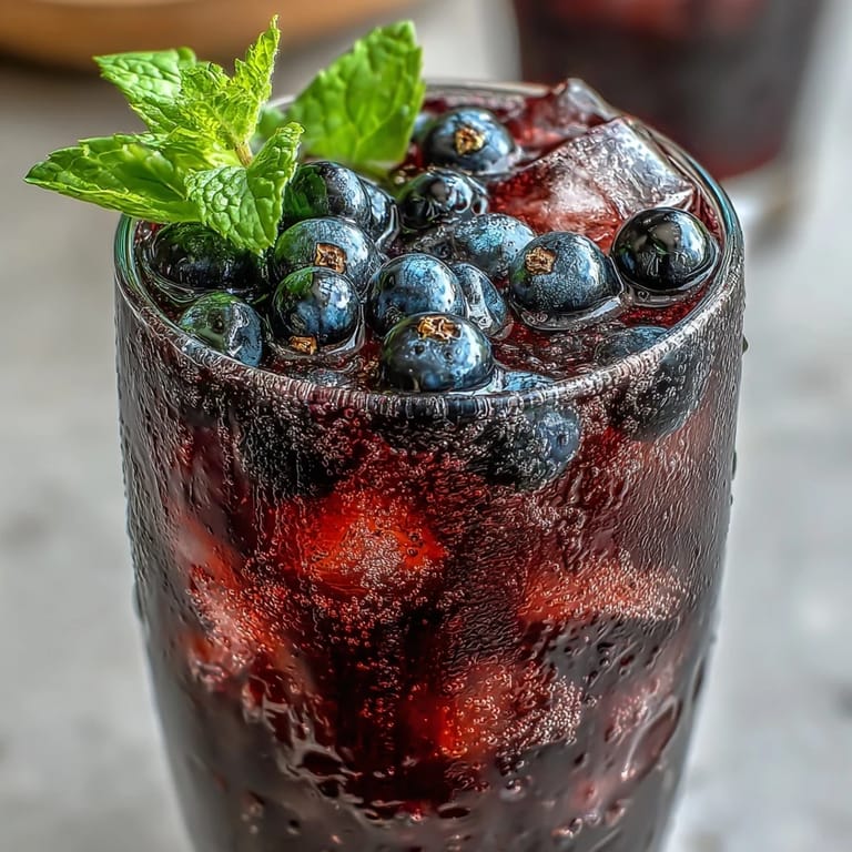 A refreshing Black Currant It Berry Celebration Drink served with ice, capturing a bubbly mocktail or infused water aesthetic.