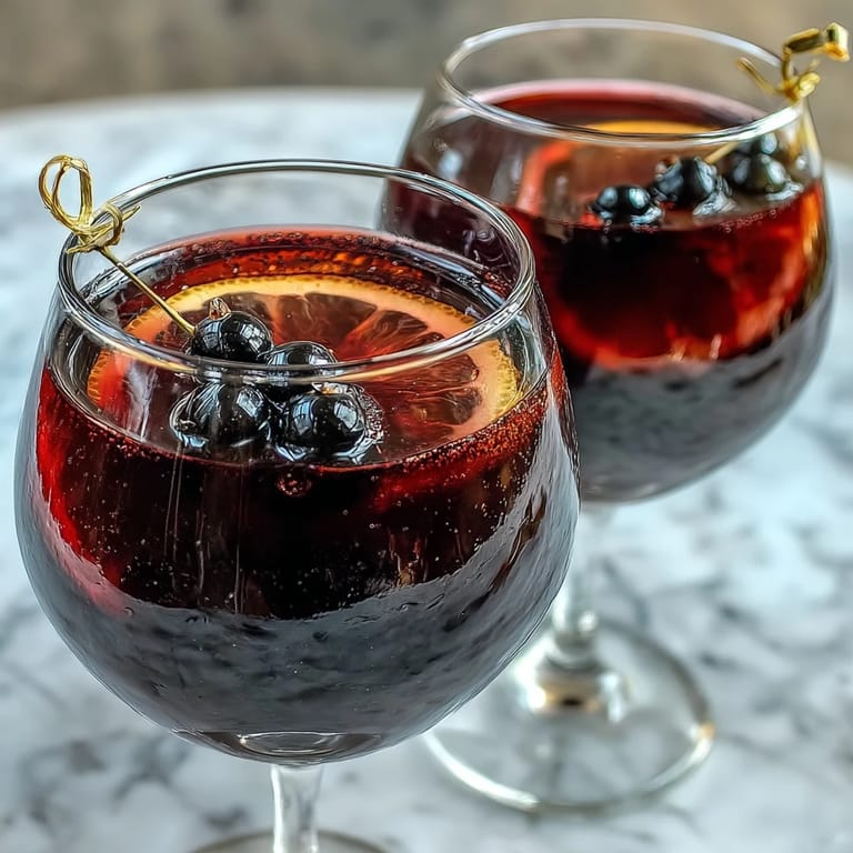 Two chilled wine glasses filled with the vibrant, dark pink Black Currant and Cassis Cocktail.
