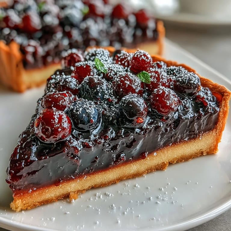 Close-up of Black Currant Fruit Tart topped with fresh mint and assorted berries, served on a rustic ceramic plate.