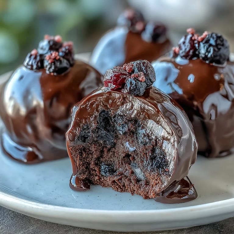 Close-up view of Black Currant Chocolate Truffles showcasing a velvety ganache texture and garnished with crushed freeze-dried black currants.
