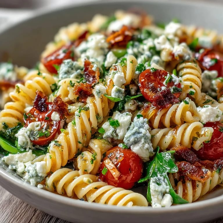Vibrant pasta salad tossed with crisp cucumbers, juicy cherry tomatoes, and zesty lemon vinaigrette for a refreshing meal.  
