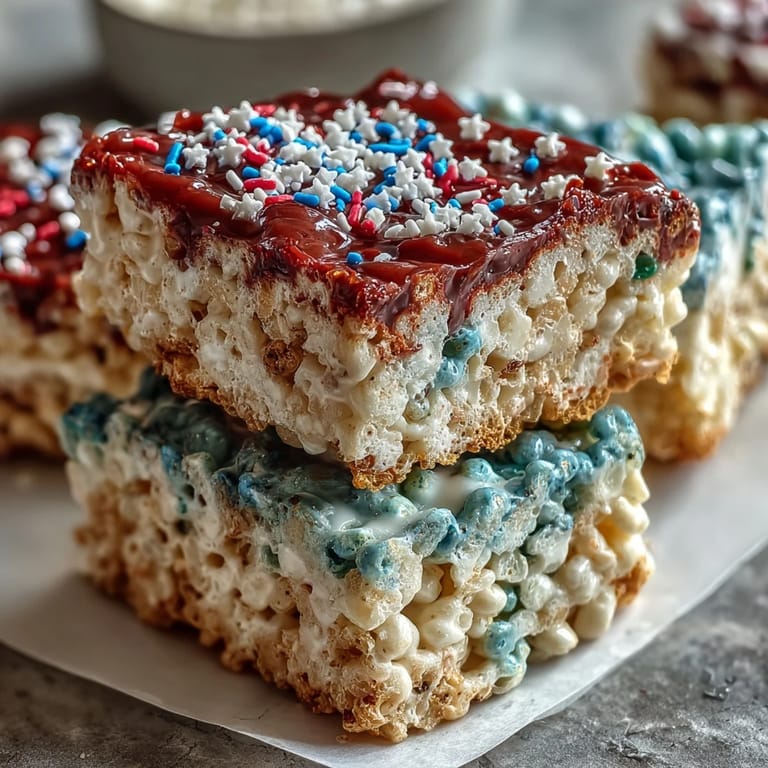 Chewy, colorful Rice Krispies squares layered in patriotic red, white, and blue, topped with festive sprinkles for a holiday treat.