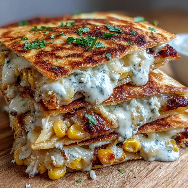 Melty Cinco de Mayo Street Corn Quesadillas topped with Cotija cheese, fresh cilantro, and a smoky chipotle sour cream drizzle for bold flavor.