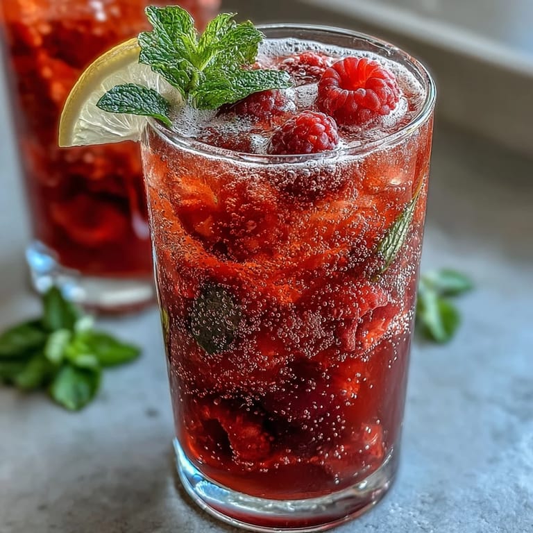 Chilled raspberry lemon spritzer featuring muddled berries, bright citrus, and fizzy bubbles—perfect nonalcoholic beverage for warm weather gatherings.