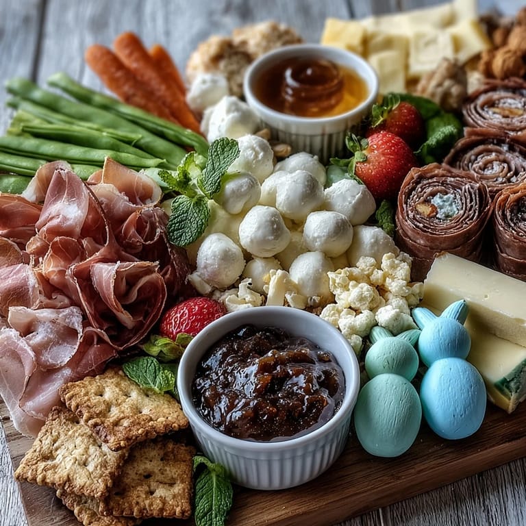 Delightful seasonal charcuterie board with fresh herbs, honey drizzle, and assorted treats perfect for Easter celebrations.