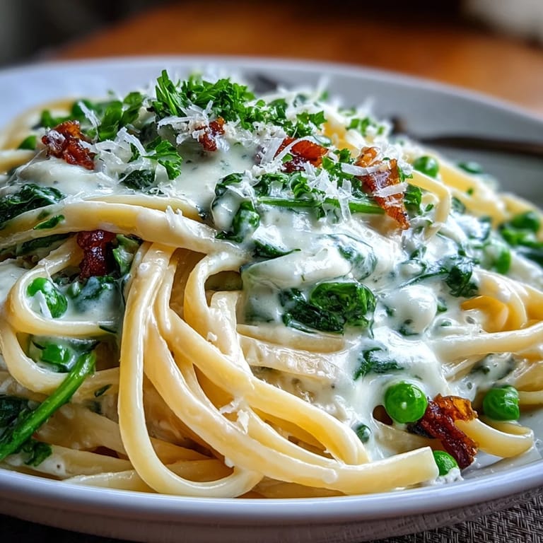 A vibrant bowl of spring pasta with lemon cream sauce and peas, garnished with Parmesan and fresh chives.