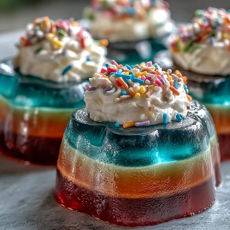 Vibrant Rainbow Jello Cups for Kids: cheerful, multi-colored Jello layers chilled in clear cups, crowned with a swirl of whipped topping.