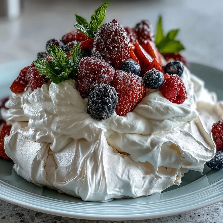 Light and airy pavlova dessert with fresh berries, featuring a delicate meringue base and vibrant, colorful fruit medley.