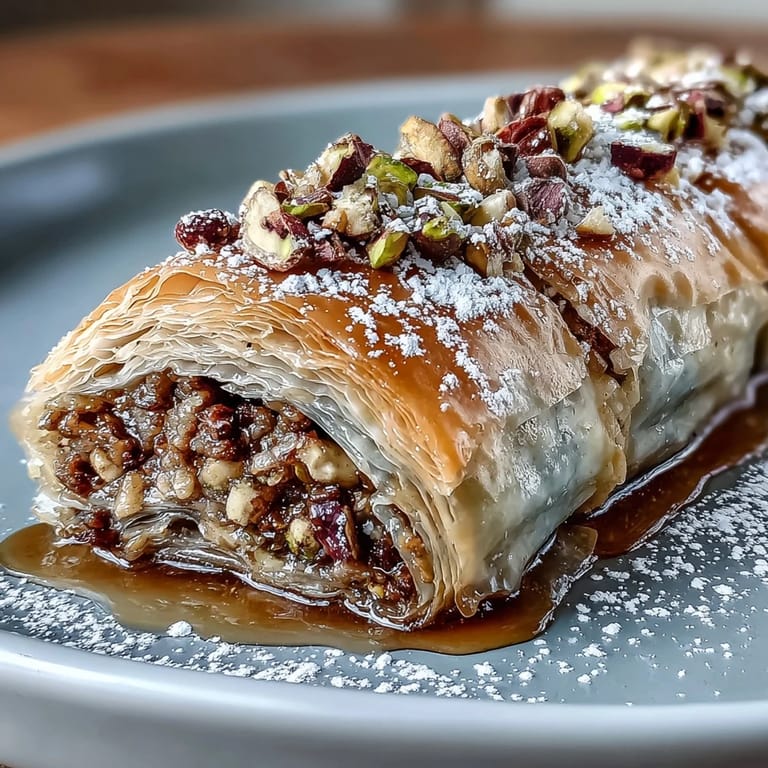 Delightful Middle Eastern Pistachio Baklava Rolls featuring flaky layers, aromatic filling, and sweet citrus blossom syrup.
