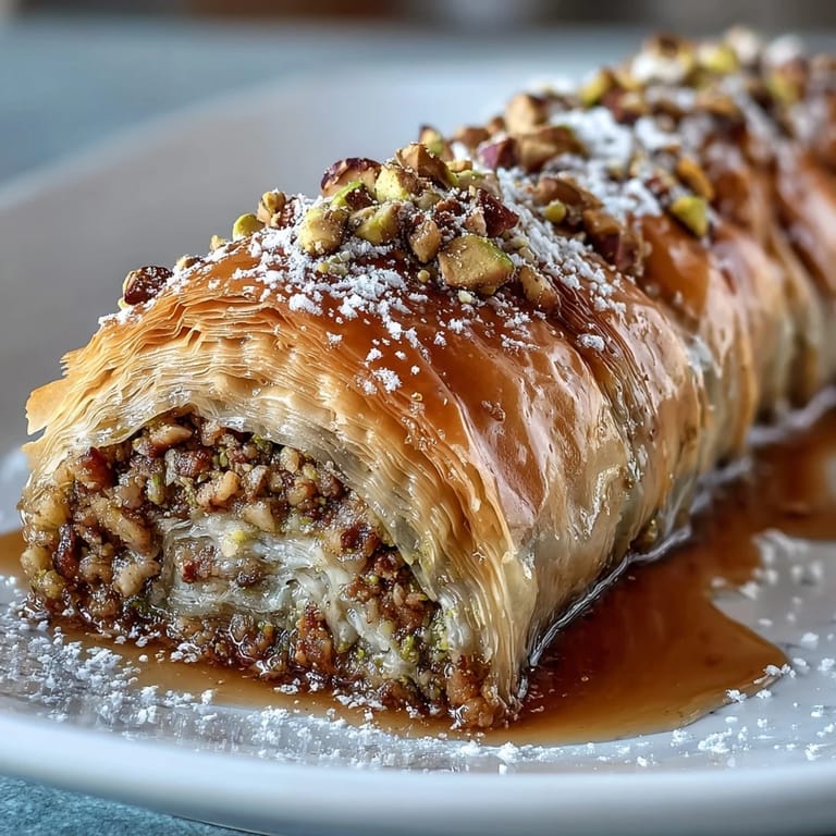 Crispy Phyllo Pistachio Baklava Rolls with nutty filling and orange blossom syrup, garnished with chopped pistachios for extra crunch.