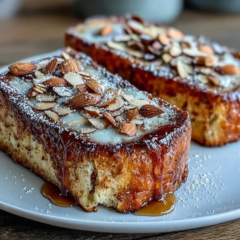 Crispy almond croissant French toast featuring thick brioche slices pan-fried to golden perfection and garnished with crunchy almonds.