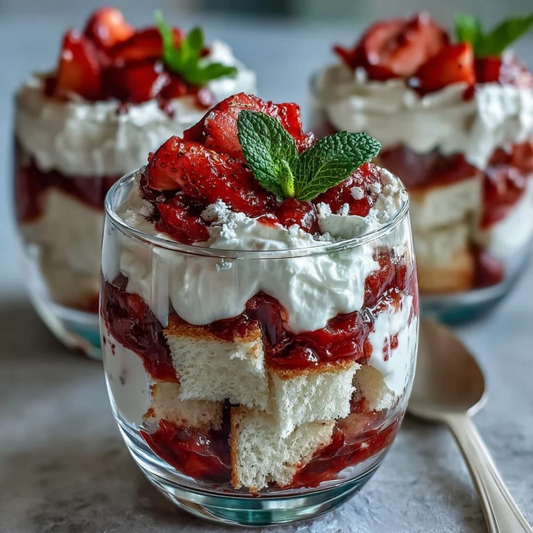 Elegant strawberry shortcake trifle featuring cubed vanilla cake, juicy strawberries, and fluffy whipped cream in a trifle dish.