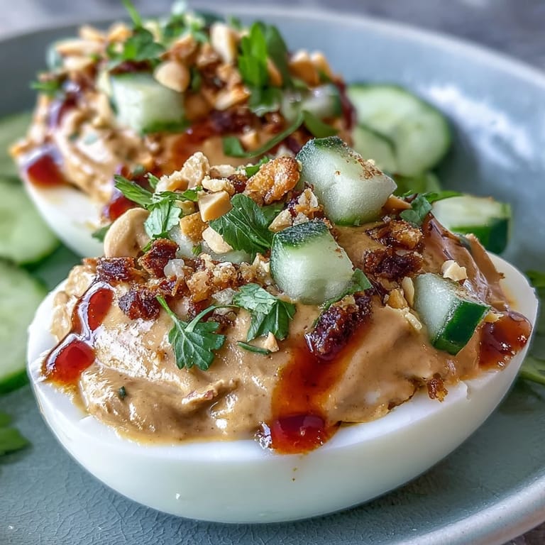 Showcasing Thai Peanut Deviled Eggs, a vibrant appetizer with crunchy peanut garnish.