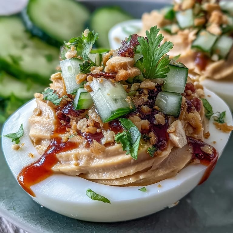 Delicious Thai Peanut Deviled Eggs ready for a party, garnished with cilantro.
