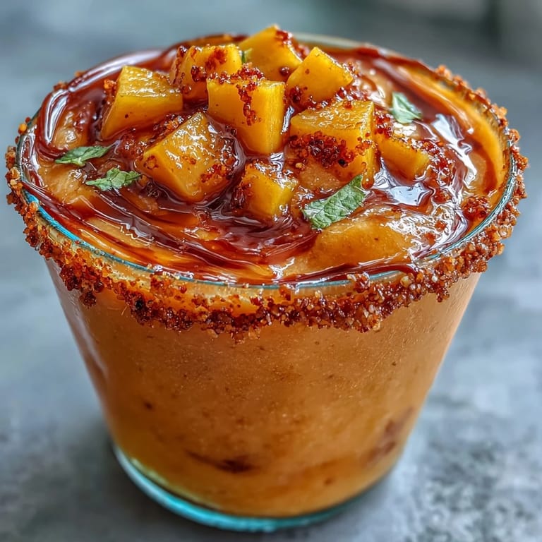 Frozen mango slushy, Chamoyada, layered with fresh fruit and Tajín rim.