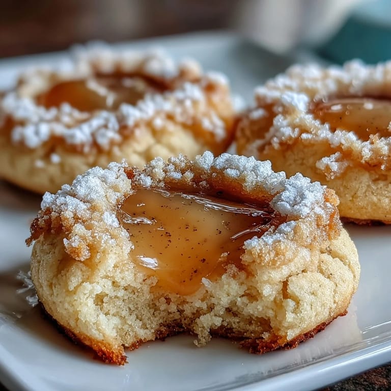 Soft sugar cookies topped with vibrant lemon curd and a snowy dusting of powdered sugar, served on a rustic wooden board.  