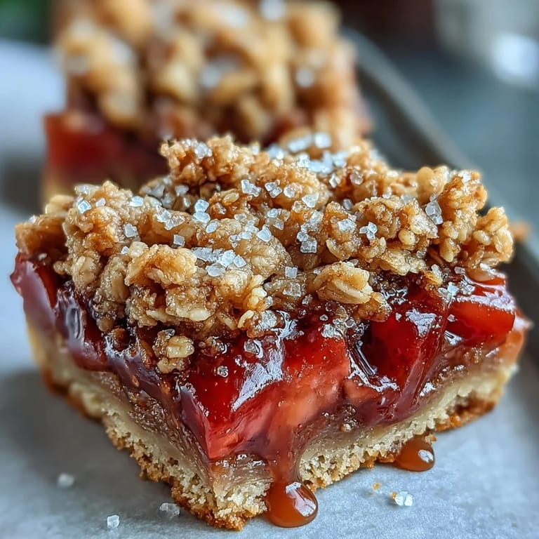 Buttery oat bars filled with vibrant strawberry rhubarb, ready to serve.