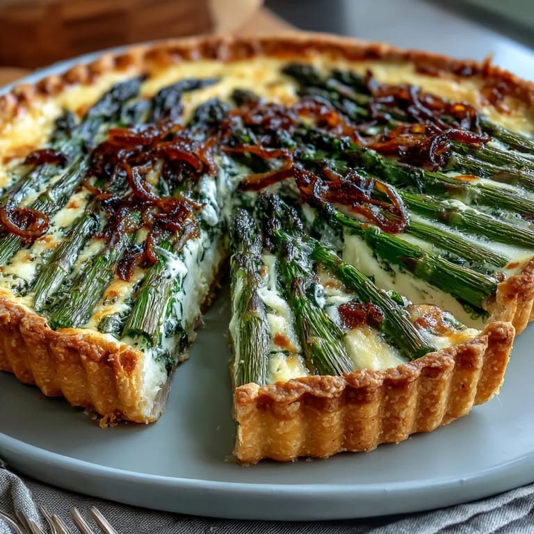 Asparagus quiche featuring tender spring spears, rich custard, and nutty Gruyère baked in a buttery homemade crust for a satisfying vegetarian meal.