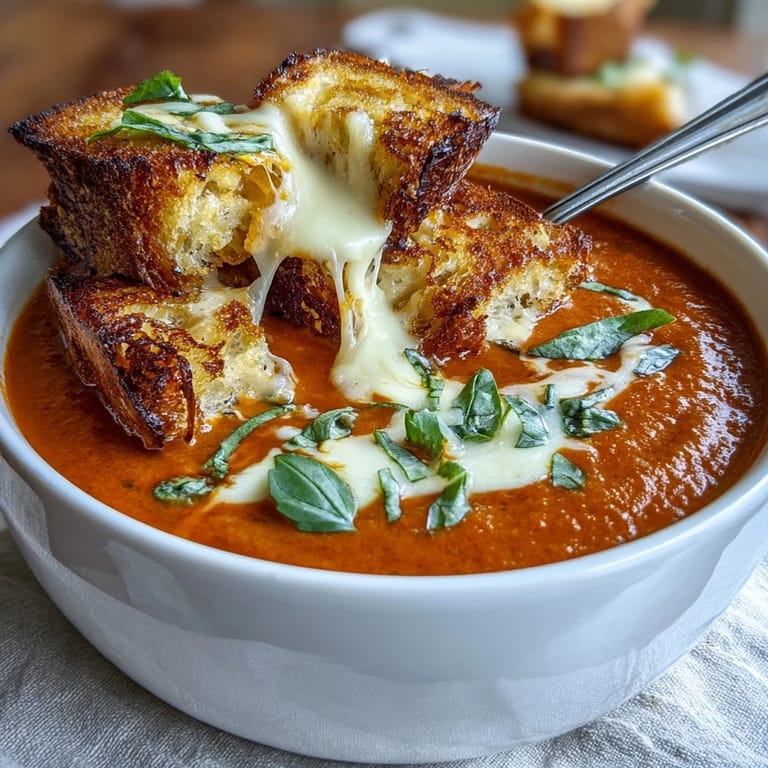 Rich tomato soup topped with buttery grilled cheese croutons, perfect for dipping and savoring on a cozy evening.
