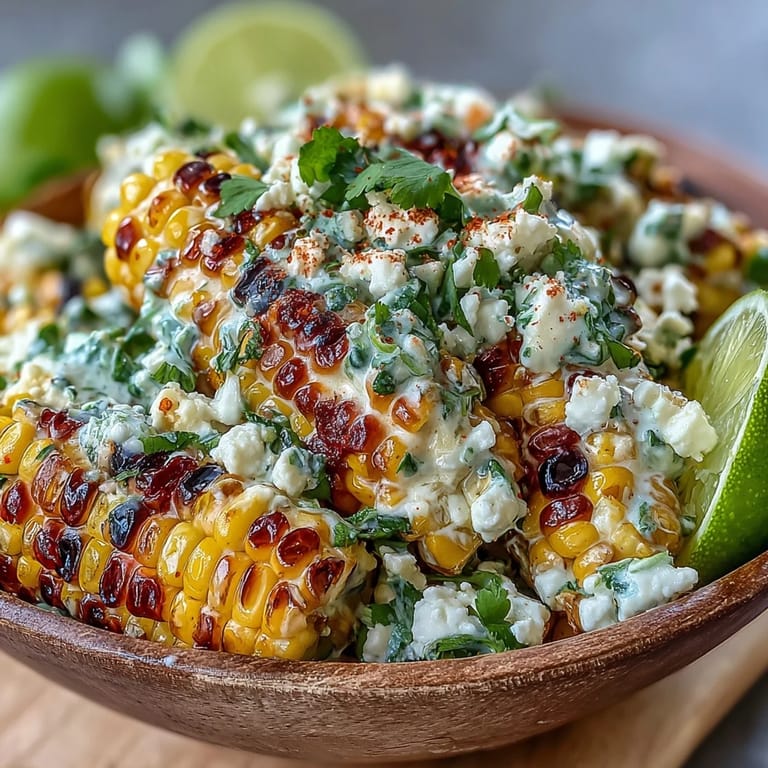 Freshly made Mexican Street Corn Salad, ready to serve with lime wedges.