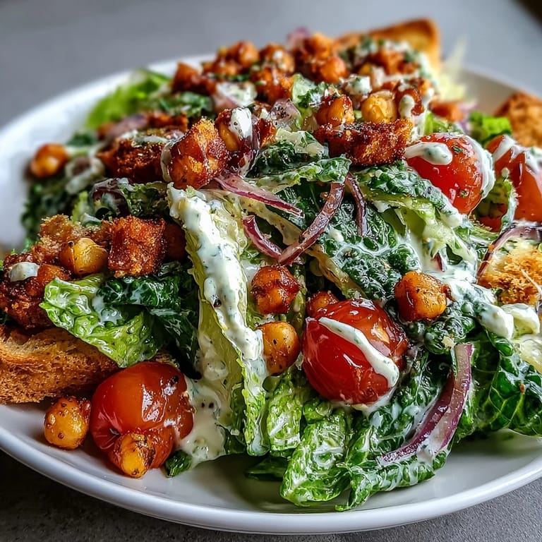 Enjoy this fresh vegan Caesar salad, piled high with flavorful chickpea croutons.