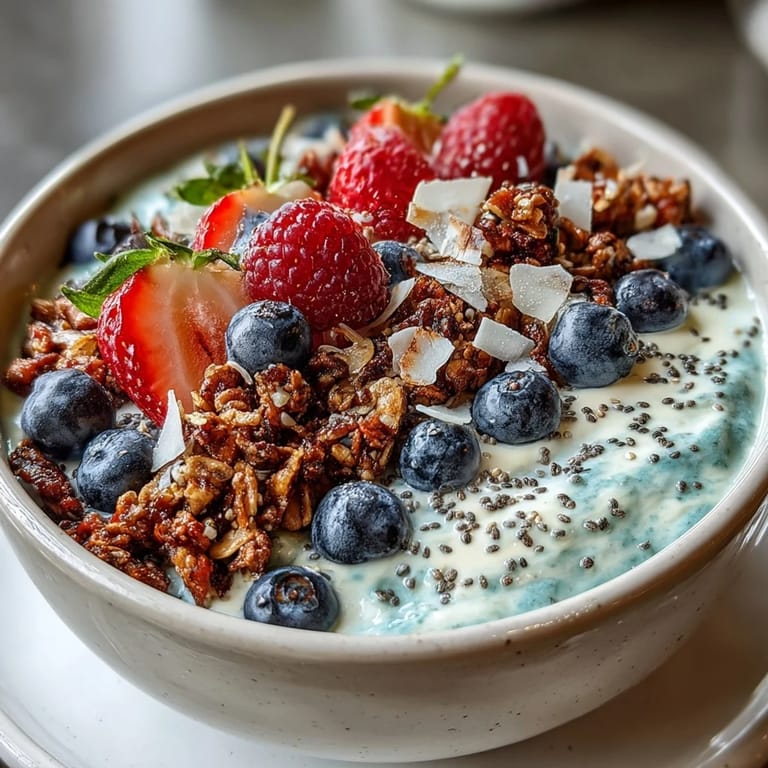 Refreshing skyr protein smoothie bowl bursting with berries and satisfying granola crunch.