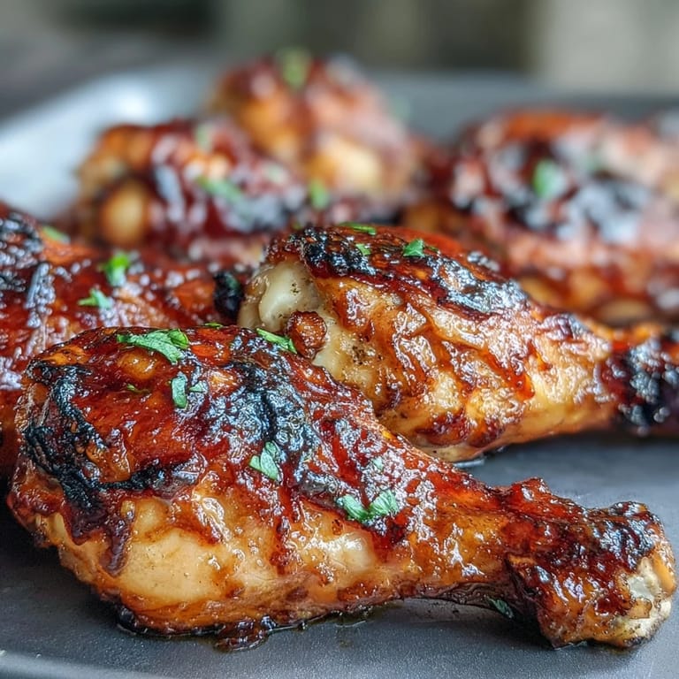 Golden brown BBQ chicken drumsticks glistening with a flavorful spicy peach glaze.
