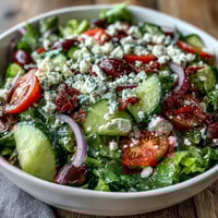 Fresh Greek Salad Bowl with crisp romaine, juicy tomatoes, crunchy cucumbers, creamy feta, briny Kalamata olives, and tangy red onion.
