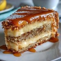 A golden lemon tart with buttery crust, topped with powdered sugar and fresh berries, served on a white plate.