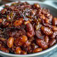 A bubbling skillet of summer BBQ baked beans with crispy bacon and caramelized onions, rich and smoky in flavor.